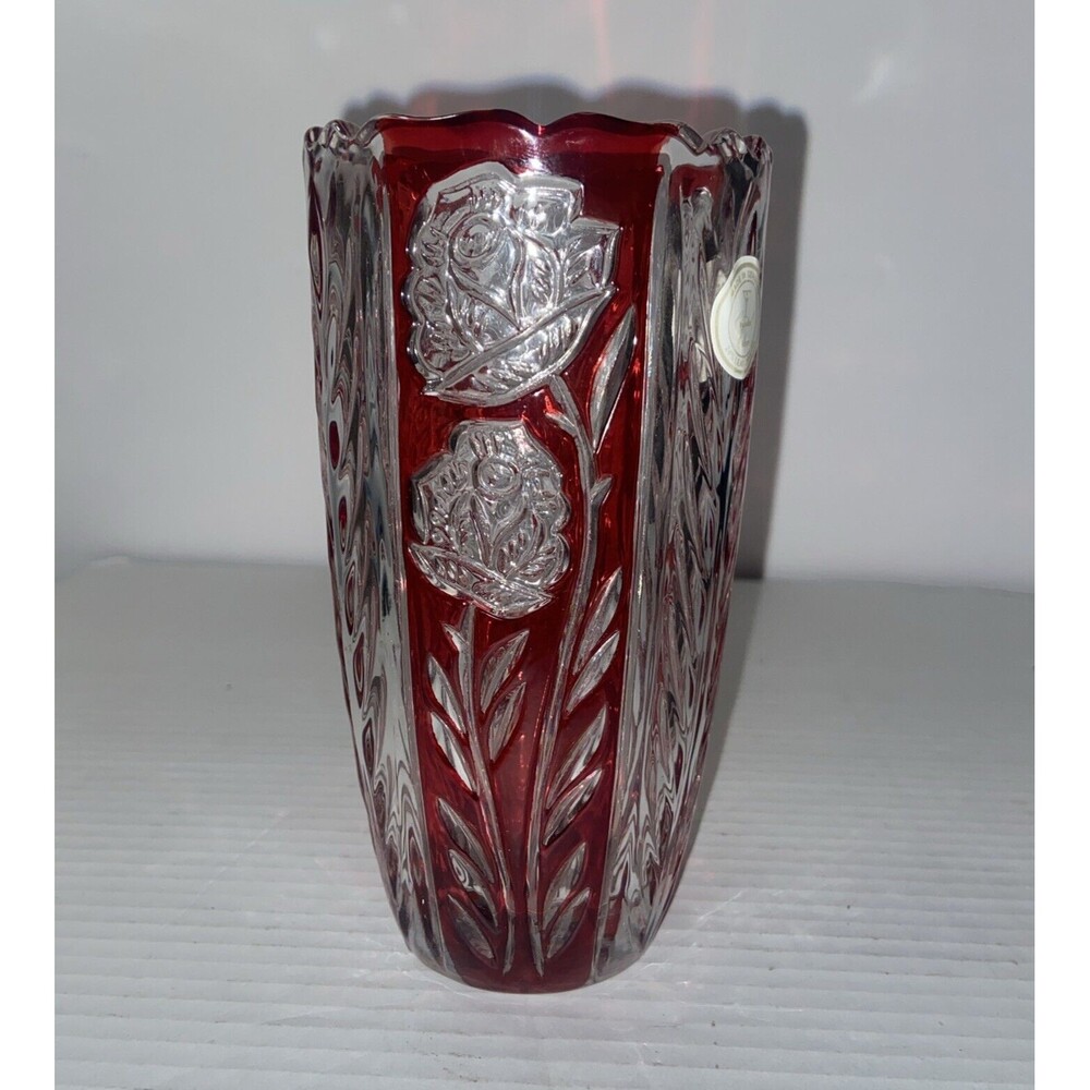 Vintage Rosaline 24% Lead Crystal Ruby Red Rose Glass Vase. Made In Germany